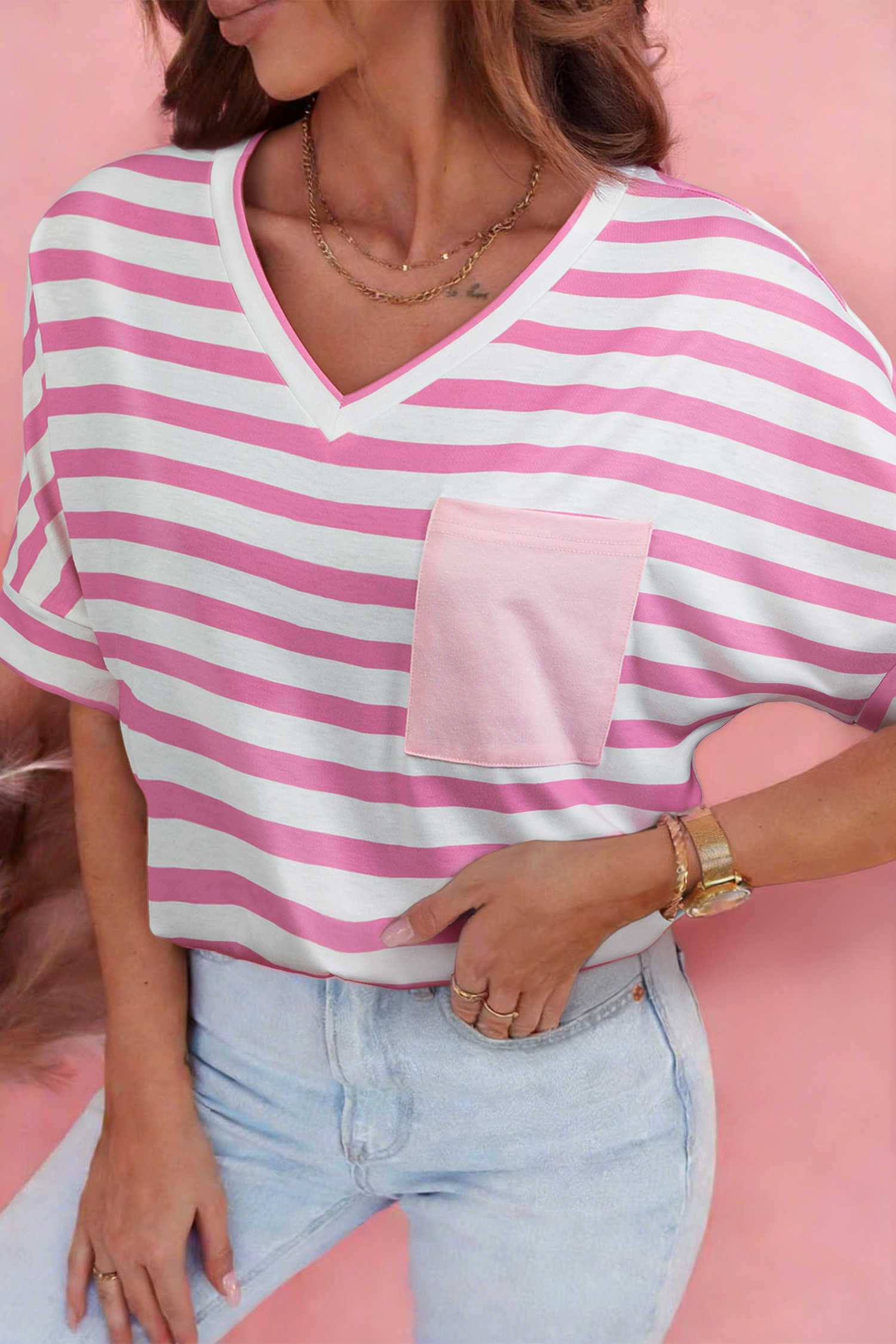 Pink Stripe V Neck Patched Pocket Casual T Shirt