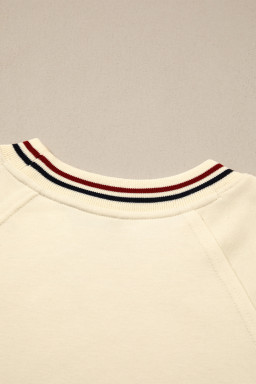 Beige Contrast Varsity Striped Neckline Cuffed Short Sleeve Loose Tunic Top