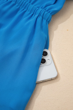 Blue Half Buttons Collared Elastic Waist Sleeveless Shirt Dress