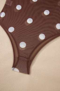 Brown Vintage Polka Dot Print Mesh Long Sleeve Bodysuit