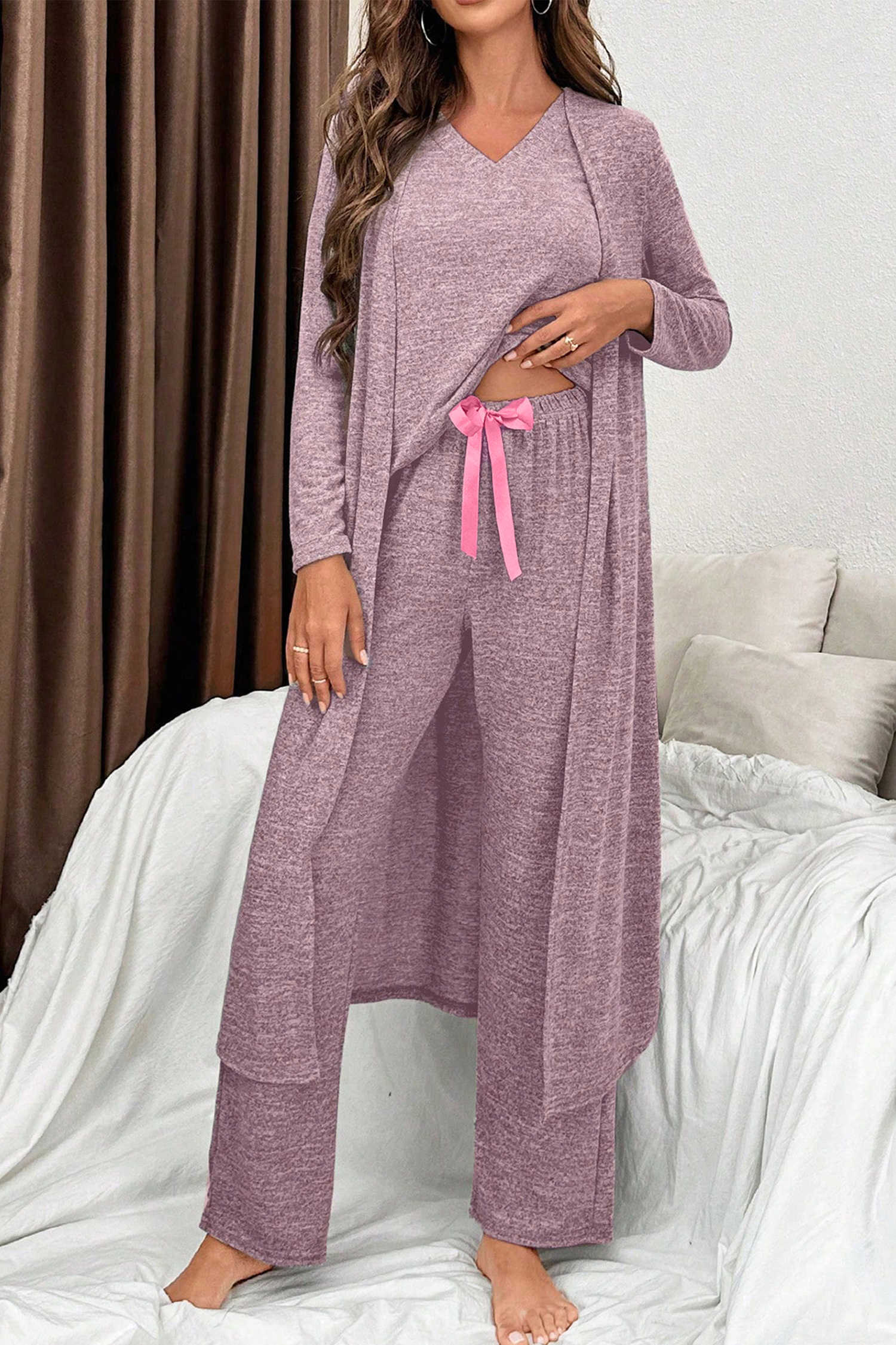 Delicacy 3pcs V Neck T Shirt Ribbon Knot Pants Open Duster 3pcs Lounge Set