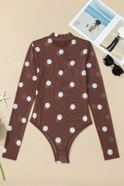 Brown Vintage Polka Dot Print Mesh Long Sleeve Bodysuit