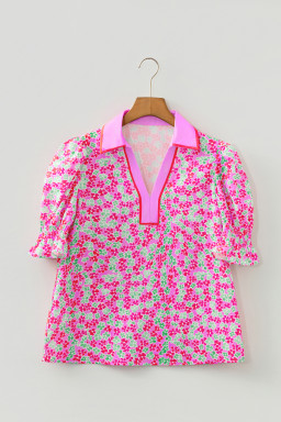 Rose Blooms Floral Collared V Neck Short Puff Sleeve Blouse Top