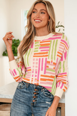 Rose Love Lines Pattern Crew Neck Puff Sleeve Sweater