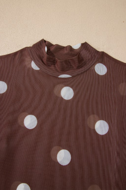 Brown Vintage Polka Dot Print Mesh Long Sleeve Bodysuit