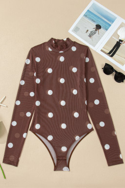 Brown Vintage Polka Dot Print Mesh Long Sleeve Bodysuit