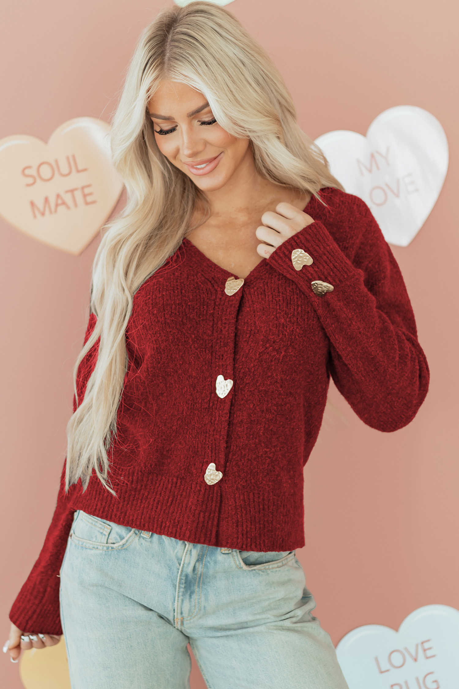 Fiery Red Heart Metal Button V Neck Cardigan Sweater