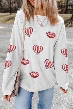 White Corded Ribbed Sequin Patched Valentines Day Graphic Sweatshirt