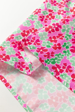 Rose Blooms Floral Collared V Neck Short Puff Sleeve Blouse Top