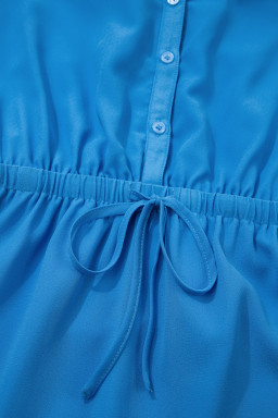 Blue Half Buttons Collared Elastic Waist Sleeveless Shirt Dress