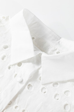 White Eyelet Embroidered Puff Sleeve Crop Shirt