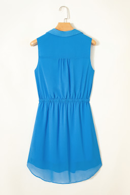 Blue Half Buttons Collared Elastic Waist Sleeveless Shirt Dress