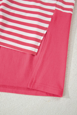 Pink Stripe Color Block Patchwork Drop Shoulder Long Sleeve Tunic Top