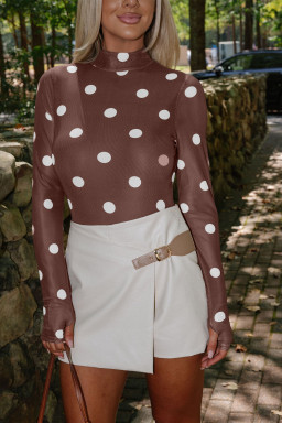Brown Vintage Polka Dot Print Mesh Long Sleeve Bodysuit