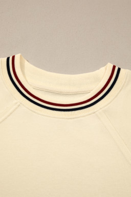 Beige Contrast Varsity Striped Neckline Cuffed Short Sleeve Loose Tunic Top