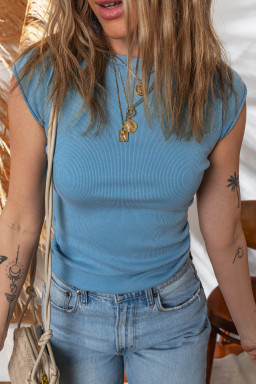 Peacock Blue Crew Neck Cap Sleeve Ribbed T Shirt