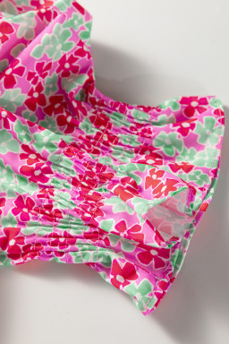 Rose Blooms Floral Collared V Neck Short Puff Sleeve Blouse Top