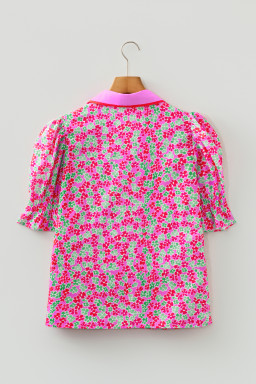 Rose Blooms Floral Collared V Neck Short Puff Sleeve Blouse Top