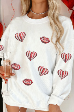 White Corded Ribbed Sequin Patched Valentines Day Graphic Sweatshirt