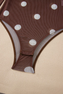 Brown Vintage Polka Dot Print Mesh Long Sleeve Bodysuit