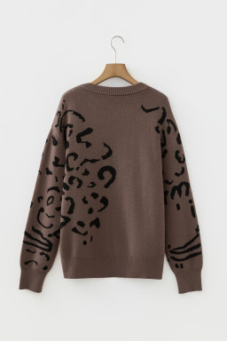 Camel Asymmetric Leopard Print Detail Drop Shoulder Sweater
