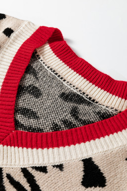 Khaki Leopard Pattern V-Neck Contrast Rib Knitted Sweater