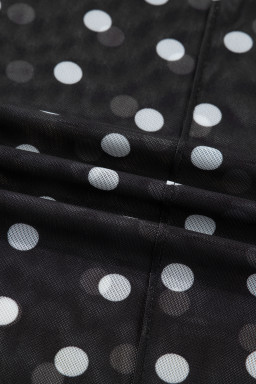 Black Polka Dot Patterned Bodycon Mock Neck Mesh Long Sleeve Top