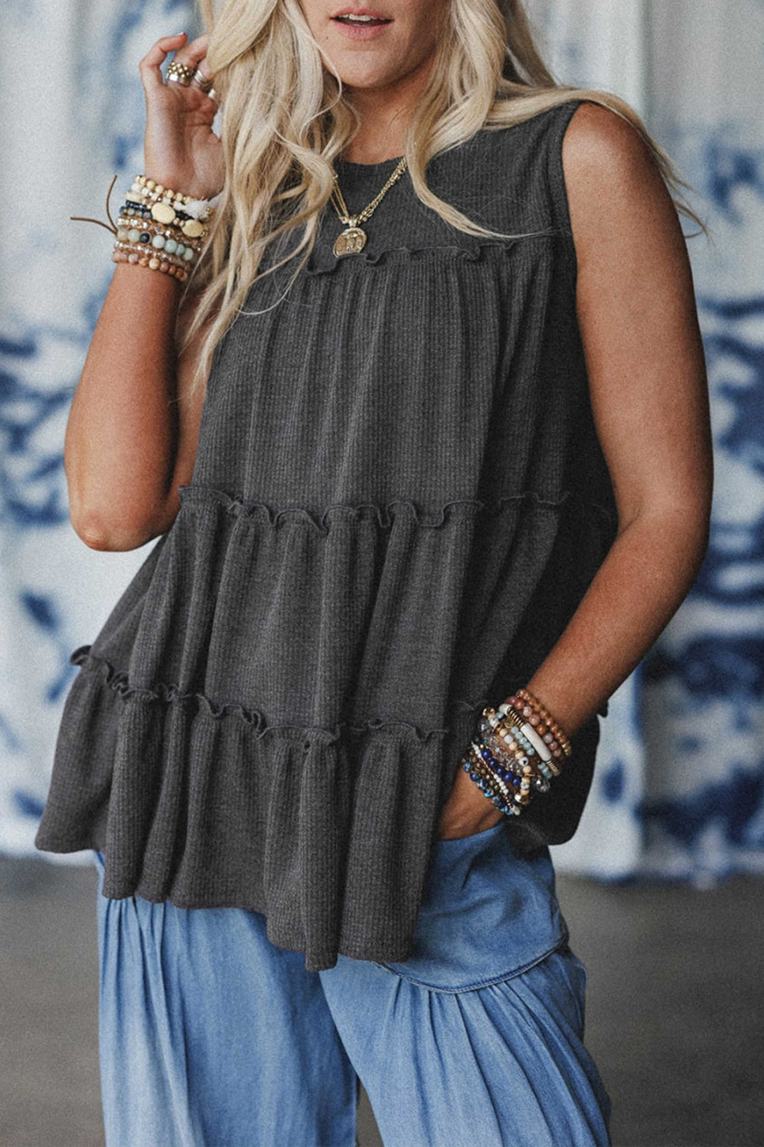 Dark Grey Tiered Frill Trim A-line Tank Top