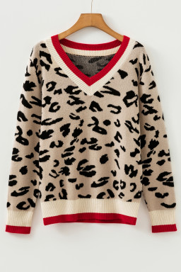 Khaki Leopard Pattern V-Neck Contrast Rib Knitted Sweater
