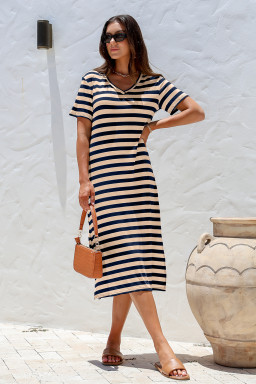 Casual Stripe Print V Neck Maxi Dress with Side Splits