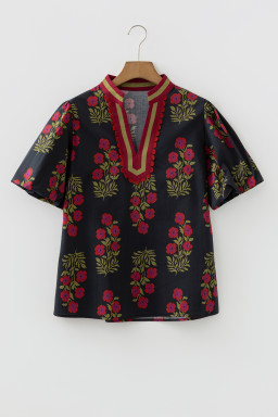 Black Floral Short Bubble Sleeve Contrast Slit Neckline Blouse