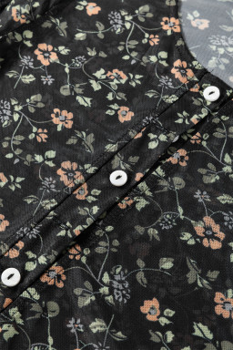 Black Floral Print Mesh Tank Button Front Slim Cardigan 2pcs Set