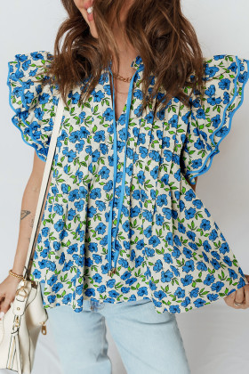 Sky Blue Tiered Flutter Sleeve Pleated Flower Blouse