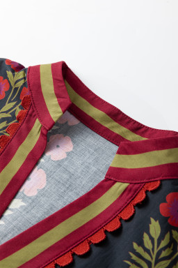 Black Floral Short Bubble Sleeve Contrast Slit Neckline Blouse