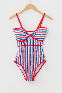 Red July 4th Stripes Star Floral Impression Cutout Spaghetti Straps One Piece Swimsuit