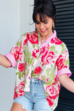 Pink Flower Print Striped Trim Frilled Collar Short Sleeve Shirt