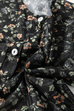 Black Floral Print Mesh Tank Button Front Slim Cardigan 2pcs Set