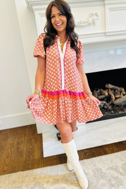 Orange Geometric Floral Print Color Block Trim Button Front Ruffle Hem Dress