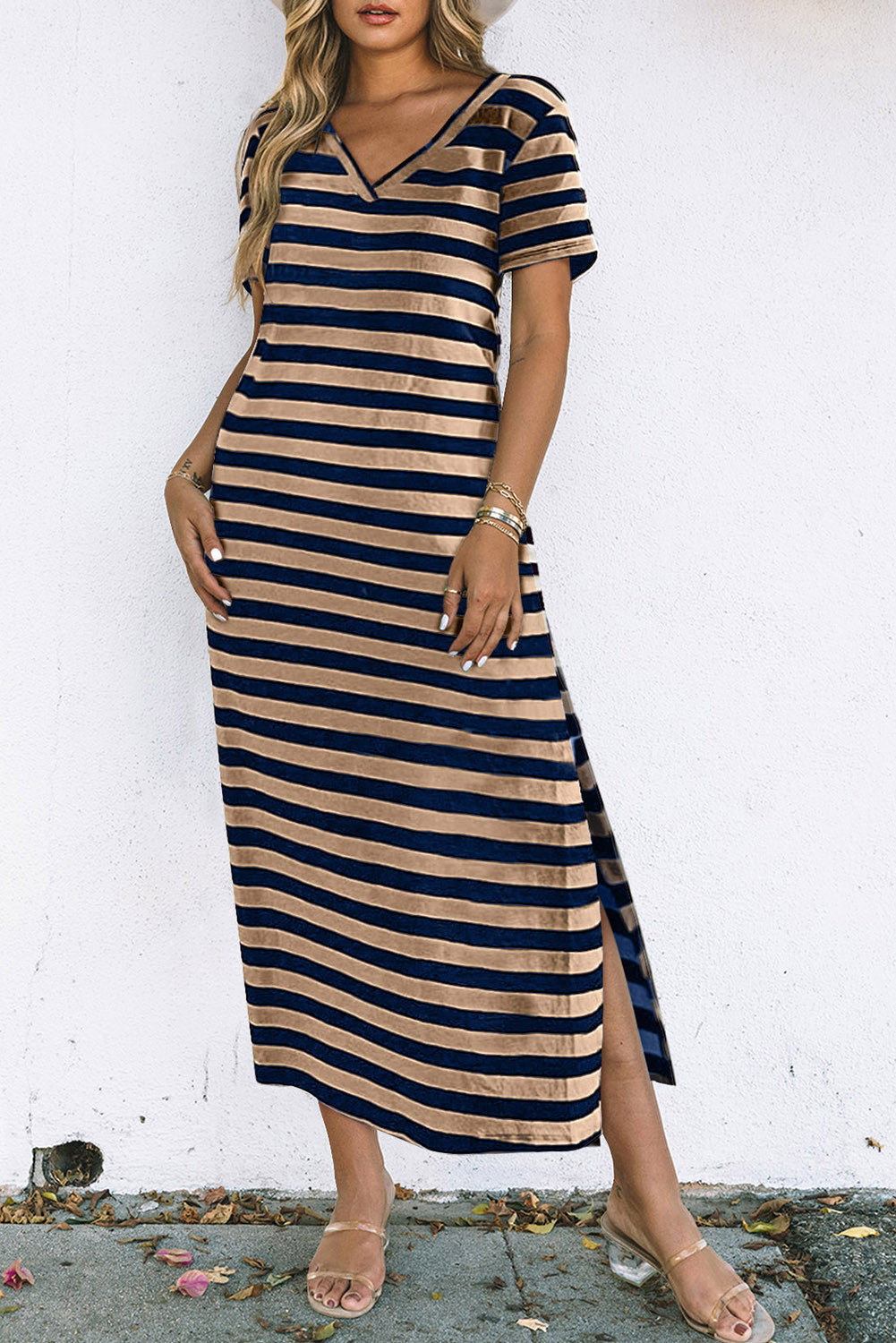 Casual Stripe Print V Neck Maxi Dress with Side Splits