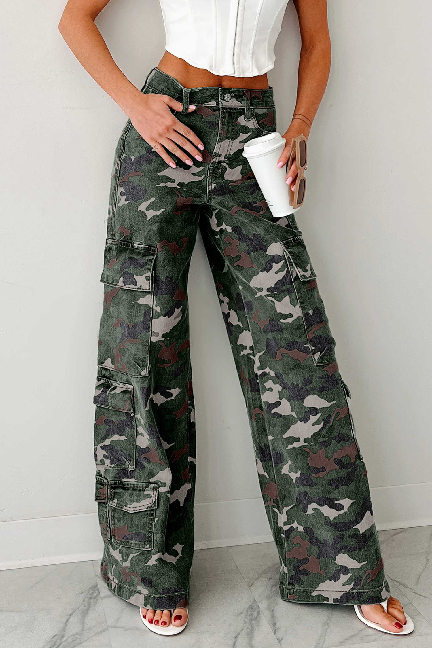 Pantalons amples de camuflatge verd denim cargo