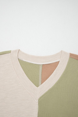 Green Plus Mixed Texture Color Block Patchwork V Neck Long Sleeve Top