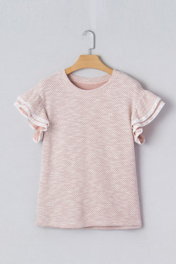 Light Pink Twilled Print Lace Trim Ruffled Short Sleeve Blouse