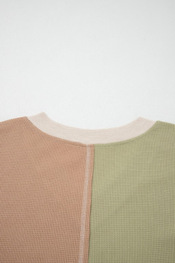 Green Plus Mixed Texture Color Block Patchwork V Neck Long Sleeve Top