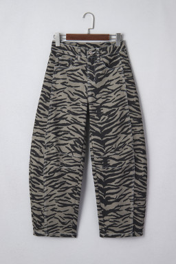 Gray Zebra Stripe Printed Wide Leg Barrel Jeans