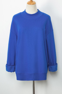 Dark Blue Solid Color Oversized Mock Neck Sweatshirt