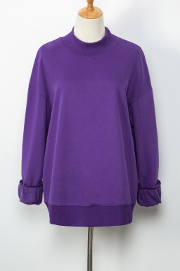 Tillandsia Purple Solid Color Oversized Mock Neck Sweatshirt