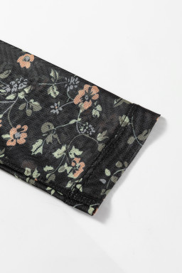Black Floral Print Mesh Tank Button Front Slim Cardigan 2pcs Set
