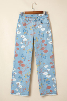 Sky Blue Floral Printed Raw Hem Shift Jeans