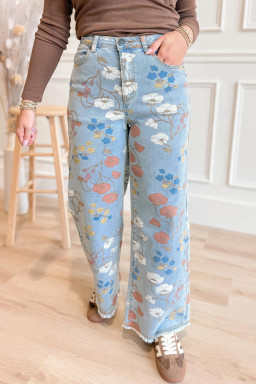 Sky Blue Floral Printed Raw Hem Shift Jeans