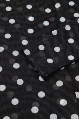 Black Polka Dot Patterned Bodycon Mock Neck Mesh Long Sleeve Top